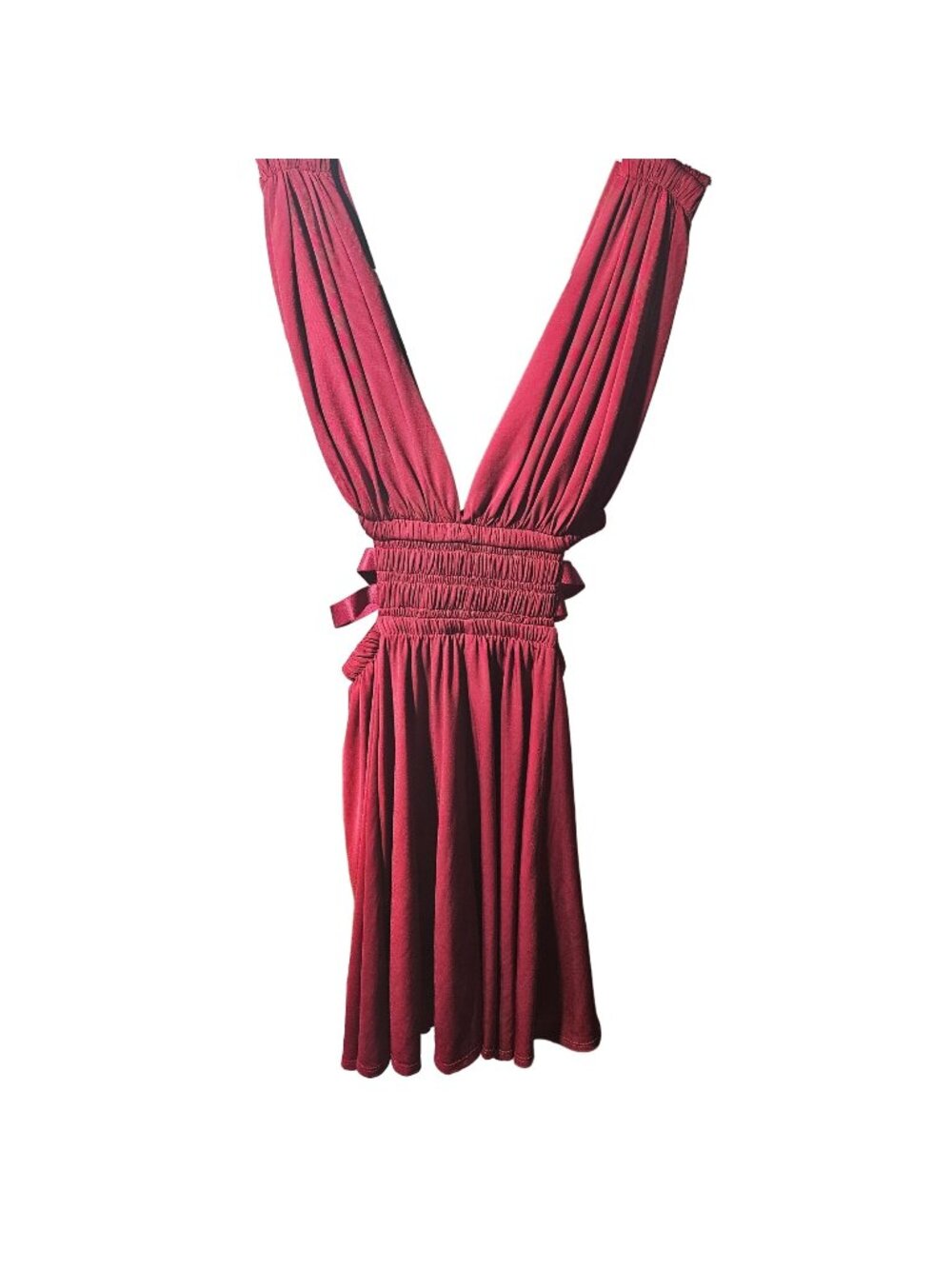 Sleeveless Red Burgundy V-Neck Dress With Shirred Waist & Side Ties By Express S